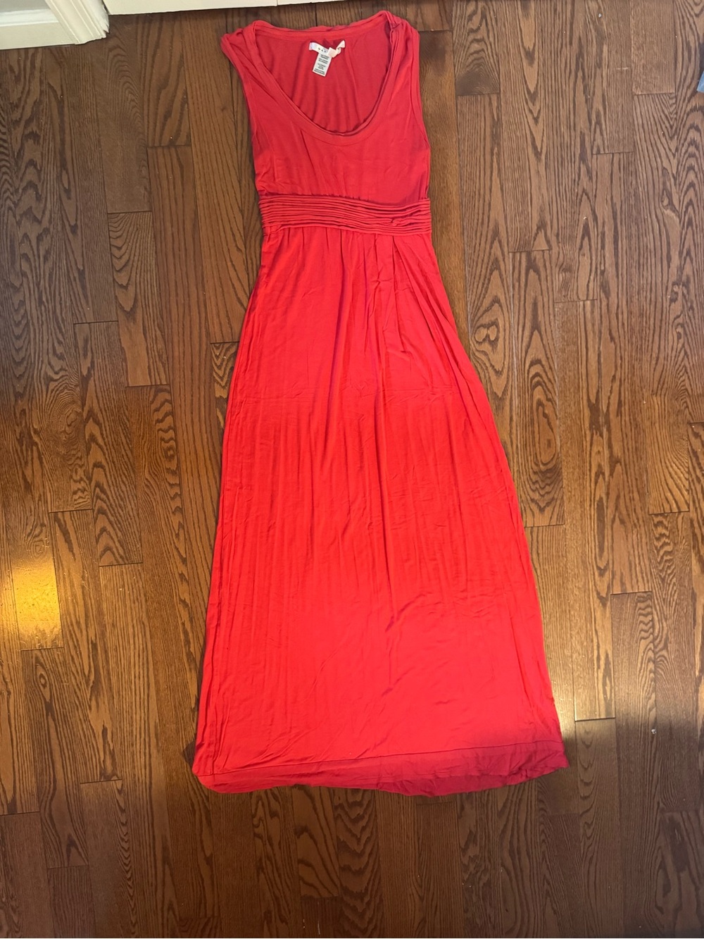 Max Studio Sleeveless Coral-Red Maxi Dress with Ruched Waist